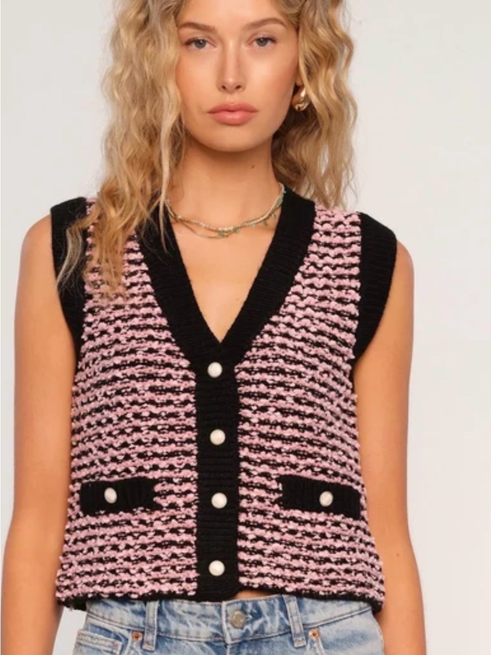 eartloom Mindy Pink & Black Tweed Knit Sweater Vest M
